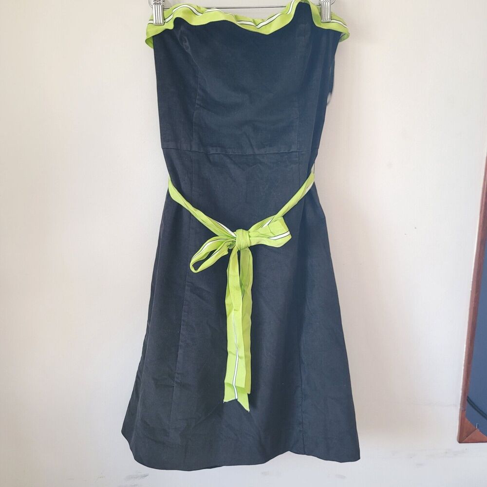 Molly B strapless Dress  Black green Textured Knee Length Size 4 waist tie bonin